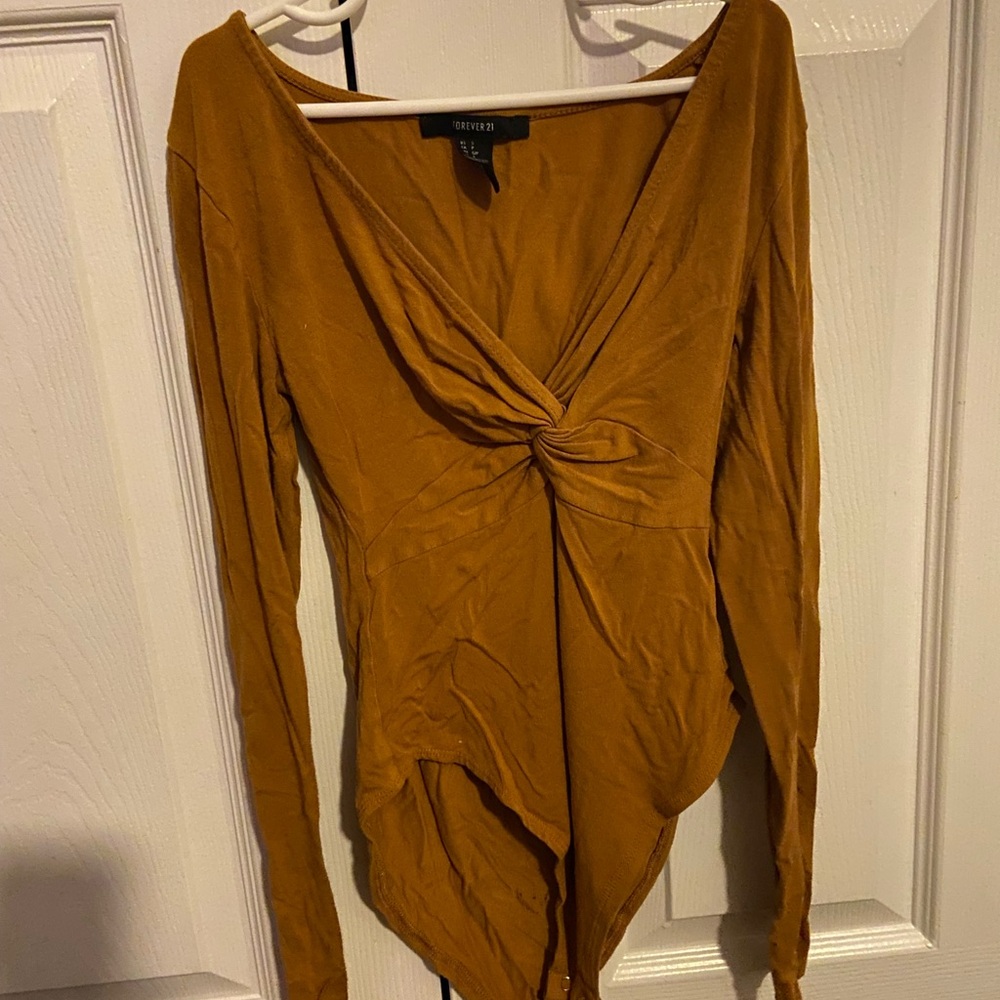 Mustard Long Sleeve Twist Front Bodysuit